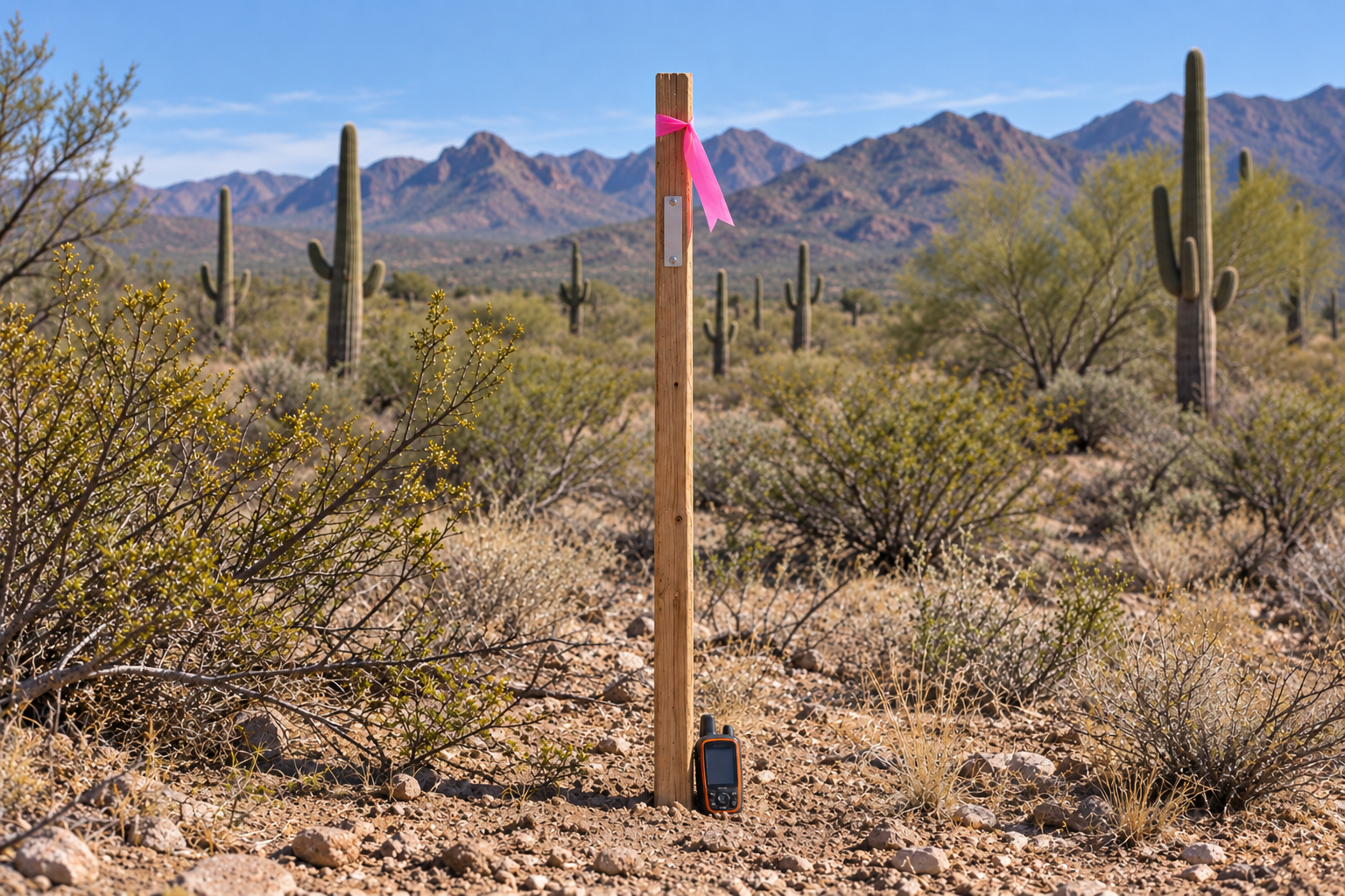 GPS unit beside a tagged wooden mining claim stake in the Arizona desert